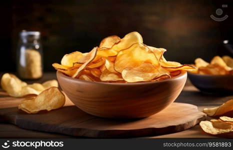 Golden potato chips in a wooden bowl on a dark background, perfect for snacking. Crispy chips served in a rustic bowl. Created with generative AI tools. Golden potato chips in a wooden bowl. Created by AI tools