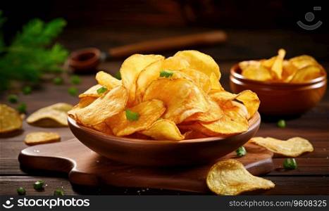 Golden potato chips in a wooden bowl on a dark background, perfect for snacking. Crispy chips served in a rustic bowl. Created with generative AI tools. Golden potato chips in a wooden bowl. Created by AI tools