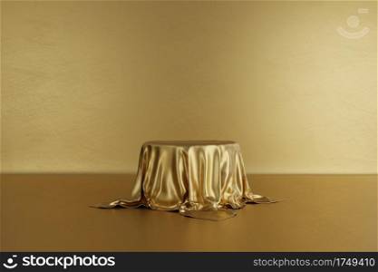 Golden product stage podium with luxury fabric on gold background. Minimal fashion. Geometry concept. Exhibition and business marketing presentation stage. 3D illustration rendering graphic design