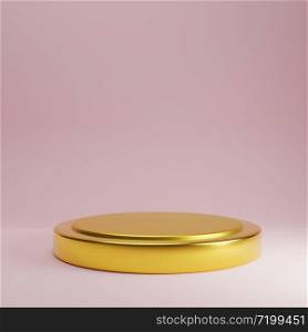 Golden product stand on pastel pink rose color background. Abstract minimal geometry concept. Studio podium platform theme. Exhibition and business marketing presentation stage. 3D illustration render
