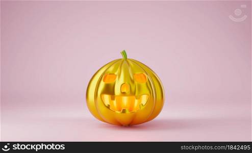 Golden pumpkin of happy Halloween day concept isolated on pink background, Minimal design, Trendy fashion creative style, 3D rendering illustration