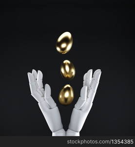 Golden Raw Eggs floating on black color background with white figure hand. Minimal Easter Eggs idea concept. 3D Render