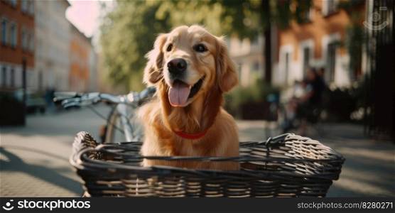 Golden Retriever dog have fun bicycle ride on sunshine day morning in summer on town street