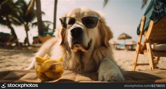 Golden Retriever dog is on summer vacation at seaside resort and relaxing rest on summer beach of Hawaii