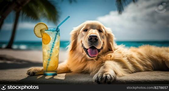 Golden Retriever dog is on summer vacation at seaside resort and relaxing rest on summer beach of Hawaii