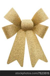 Golden ribbon bow isolated on white background. Shiny festive decoration