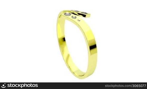 Golden ring with diamonds rotates on white background