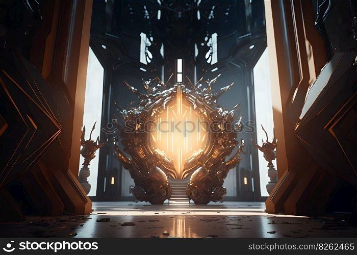 Golden room interior with fantastic abstract elements. Neural network AI generated art. Golden room interior with fantastic abstract elements. Neural network AI generated