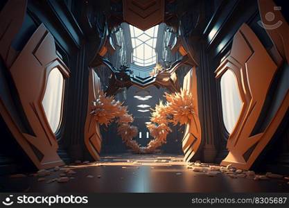 Golden room interior with fantastic abstract elements. Neural network AI generated art. Golden room interior with fantastic abstract elements. Neural network AI generated