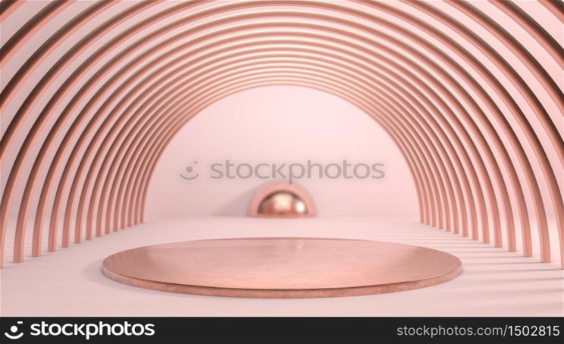 GOlden round stage, pedestal or podium in tunnel made of golden rings over pink background. Background for presenting your product, identity or packaging. Cosmetics and fashion image. 3d illustration. GOlden round stage, pedestal or podium in tunnel made of golden rings over pink background. Background for presenting your product, identity or packaging. Cosmetics and fashion image. 3d render