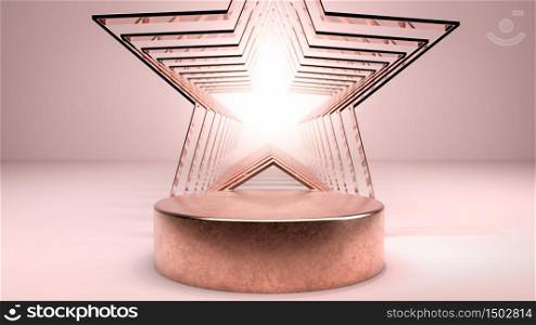 Golden round stage, podium or pedestal and golden metal stars on pink background. Background for presenting your product, identity or packaging. Cosmetics and fashion image. 3d illustration. Golden round stage, podium or pedestal and golden metal stars on pink background. Background for presenting your product, identity or packaging. Cosmetics and fashion image. 3d render