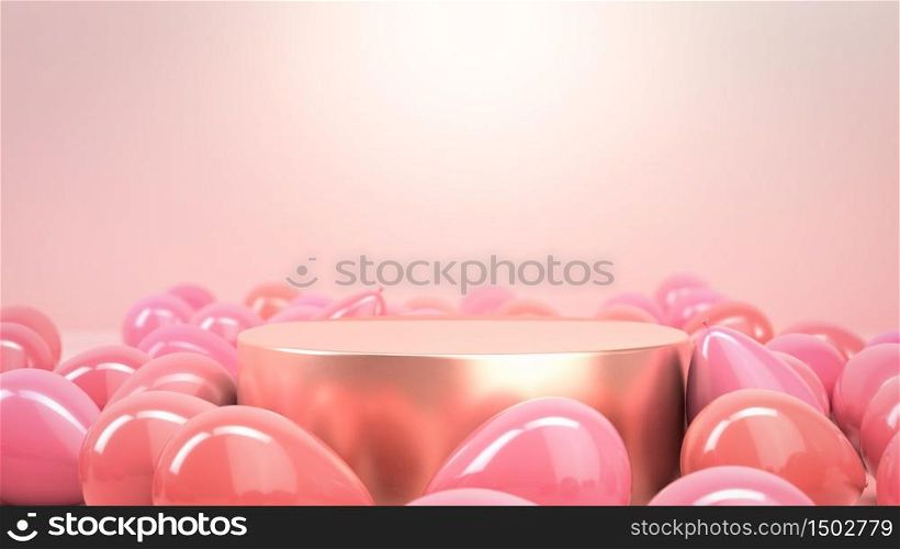 Golden round stage, podium or pedestal in pink studio filled with pink party air balloons. Perfect background or mockup for celebrations, party, greetings and invitations. 3d illustration. Place your object or product on podium.. Golden round stage, podium or pedestal in pink studio filled with pink party air balloons. Perfect background or mockup for celebrations, party, greetings and invitations. 3d render. Place your object or product on podium.