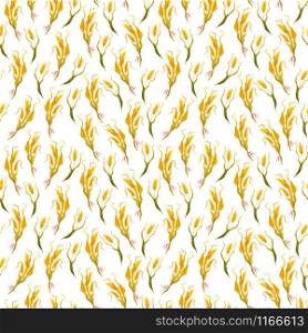 Golden rye in an endless pattern. Spikelets of cereal crops. Seamless illustration on a white background. For the decor of cards, banners, stationery, home decor.