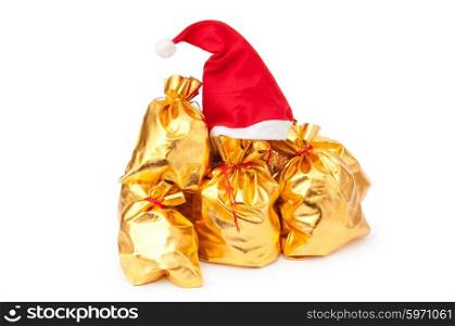 Golden sacks with santa hat
