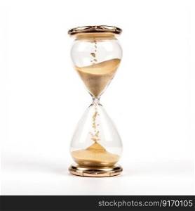 Golden sand hourglass on white background, symbol of time running out. Countdown to deadline, time management and urgency concept bu generative AI