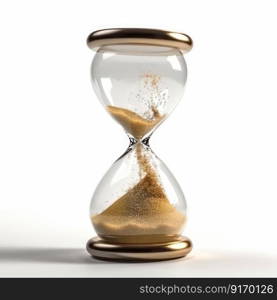 Golden sand hourglass on white background, symbol of time running out. Countdown to deadline, time management and urgency concept bu generative AI