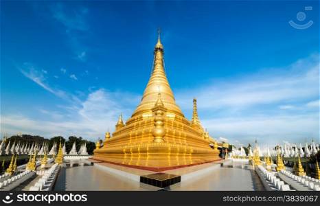 Golden Sandamuni Pagoda with row of white pagodas. Amazing architecture of Buddhist Temples at Mandalay. Myanmar (Burma) travel landscapes and destinations. Three images panorama