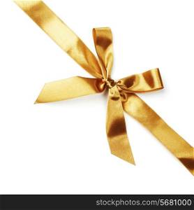 Golden satin gift bow ribbon isolated on white