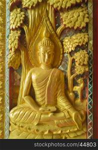 Golden Sculpture High-relief buddha on gate to sanctuary in temple, Public domain