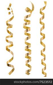 Golden serpentine streamers isolated on white background. Festive decoration