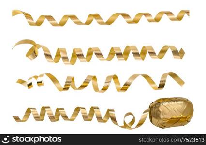 Golden serpentine streamers isolated on white background. Holidays party decoration