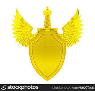 Golden shield with wings and sword