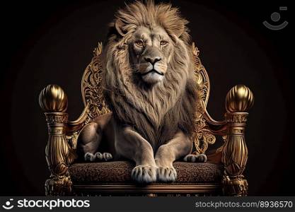 Golden shining king of beasts lion on a royal golden throne.AI generative illustration.. Golden shining king of beasts lion on a royal golden throne.AI generative illustration