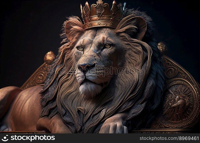 Golden shining king of beasts lion on a royal golden throne. AI generative illustration. 