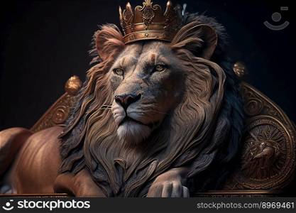 Golden shining king of beasts lion on a royal golden throne. AI generative illustration. 