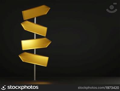 Golden sign directions blank road signs four arrows pointing different directions choice on black background, street and road signs traffic icon, 3D rendering illustration
