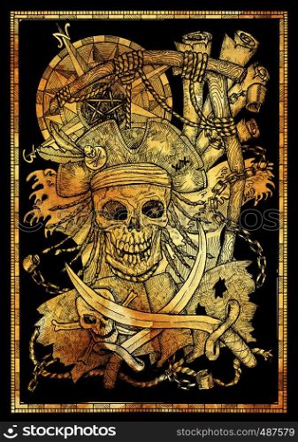 Golden silhouette of pirate skull and Jolly Roger in gallows noose with compass on black. Graphic illustration with adventure concept in vintage style, old transportation background