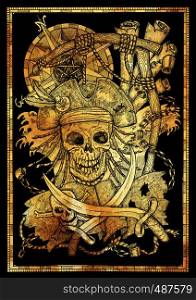 Golden silhouette of pirate skull and Jolly Roger in gallows noose with compass on black. Graphic illustration with adventure concept in vintage style, old transportation background