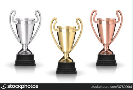 golden,silver and bronze cup trophies isolated on white