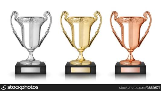 Golden, silver and bronze trophies isolated on white