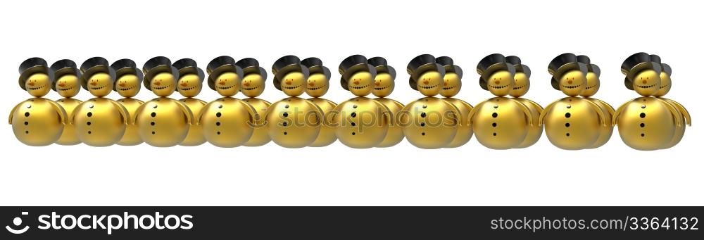 Golden snowman in a line isolated on white 3d render