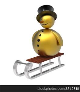 Golden snowman on sledge Christmas decoration isolated on white 3d render