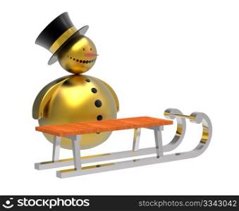 Golden snowman with sledge Christmas decoration isolated on white 3d render