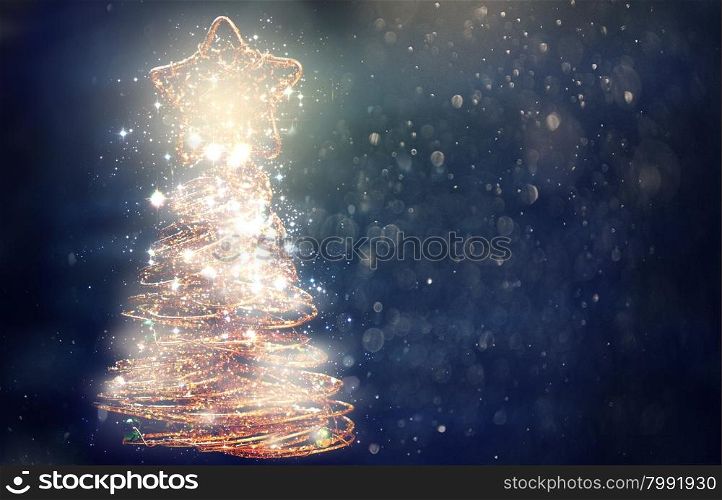 Golden sparkling Christmas tree on dark background