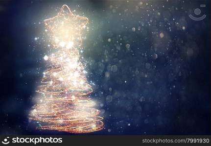 Golden sparkling Christmas tree on dark background