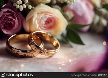 golden sparkling wedding rings with flowers. Illustration AI Generative 