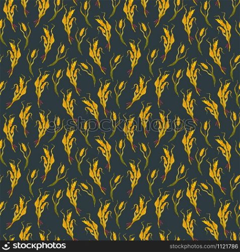 Golden spikelets of rye in an endless pattern. Cereal crops. Seamless illustration on a dark background. For the decor of cards, banners, stationery, home decor.