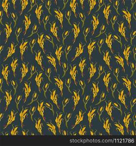 Golden spikelets of rye in an endless pattern. Cereal crops. Seamless illustration on a dark background. For the decor of cards, banners, stationery, home decor.