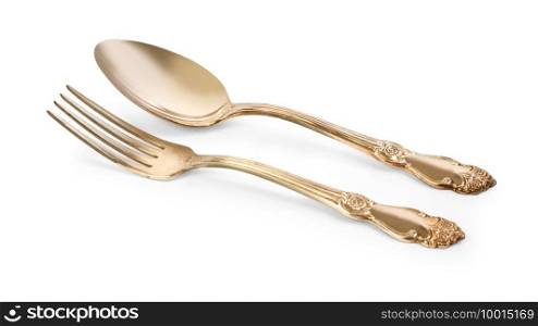 Golden spoon and fork isolated on a white background with clipping path