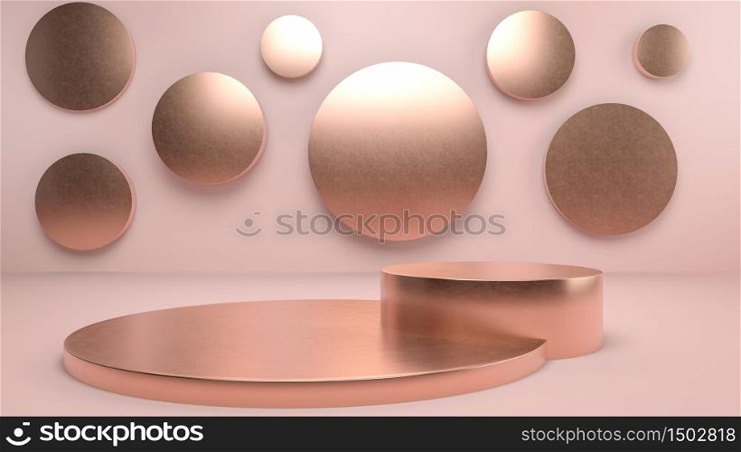 Golden stage, pedestal or podium over pink pastle background and copper circles and cylinders in studio. Background for presenting your product, identity or packaging. Cosmetics and fashion image. 3d illustration. Golden stage, pedestal or podium over pink pastle background and copper circles and cylinders in studio. Background for presenting your product, identity or packaging. Cosmetics and fashion image. 3d render