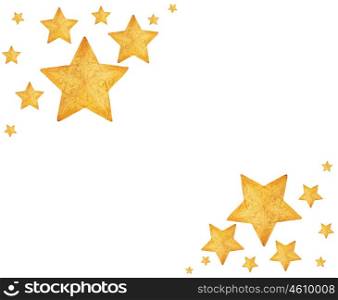 Golden stars, Christmas tree ornaments and holiday decorations isolated on white background