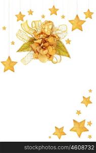 Golden stars with angel Christmas tree ornaments and holiday decorations isolated on white background