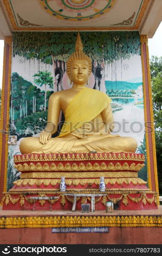 Golden statue Buddha in shrine in Vientiane, Laos