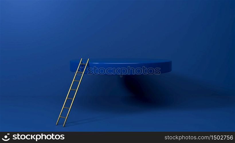 Golden stepladder leading to round blue podium, stage or pedestal in the blue studio. Perfect illustration for placing your product of object on podium. Abstract minimalist backdrop or mockup. 3d render. Golden stepladder leading to round blue podium, stage or pedestal in the blue studio. Perfect illustration for placing your product of object on podium. Abstract minimalist backdrop or mockup. 3d illustration