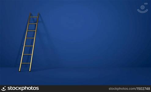 Golden stepladder leaning on blue wall. Concept of ladder of inspiration, leadership and business achievement. 3D render. Golden stepladder leaning on blue wall. Concept of ladder of inspiration, leadership and business achievement. 3D illustration.