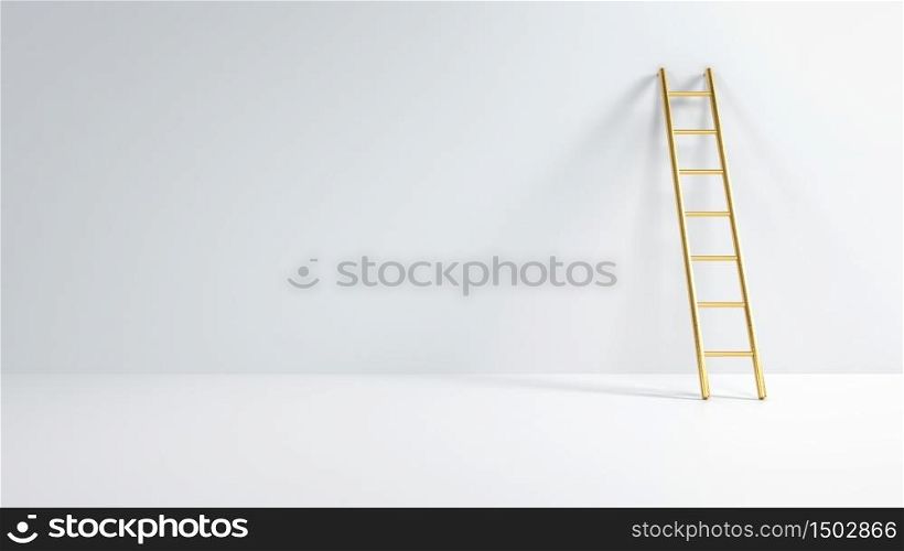 Golden stepladder leaning on white wall in empty room .Concept of ladder to inspiration, leadership and business achievement. 3D render. Golden stepladder leaning on white wall in empty room .Concept of ladder to inspiration, leadership and business achievement. 3D illustration.